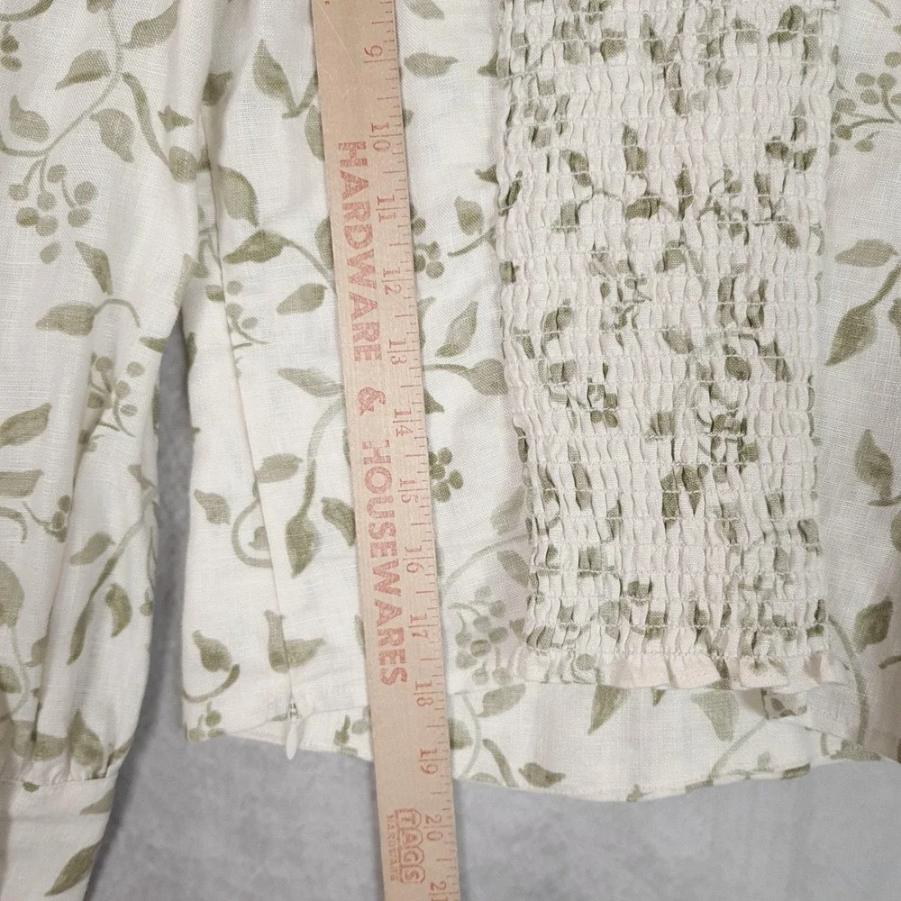 Reformation Blouse Womens 0 White Green Floral Linen Square Neck Puff Sleeve
